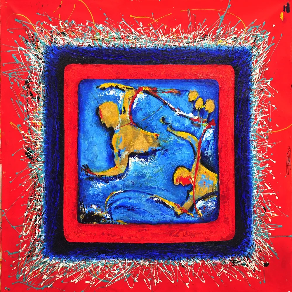 Artista - Ventana a la playa - Acrílico sobre lienzo y hojas de oro - 40 x 40